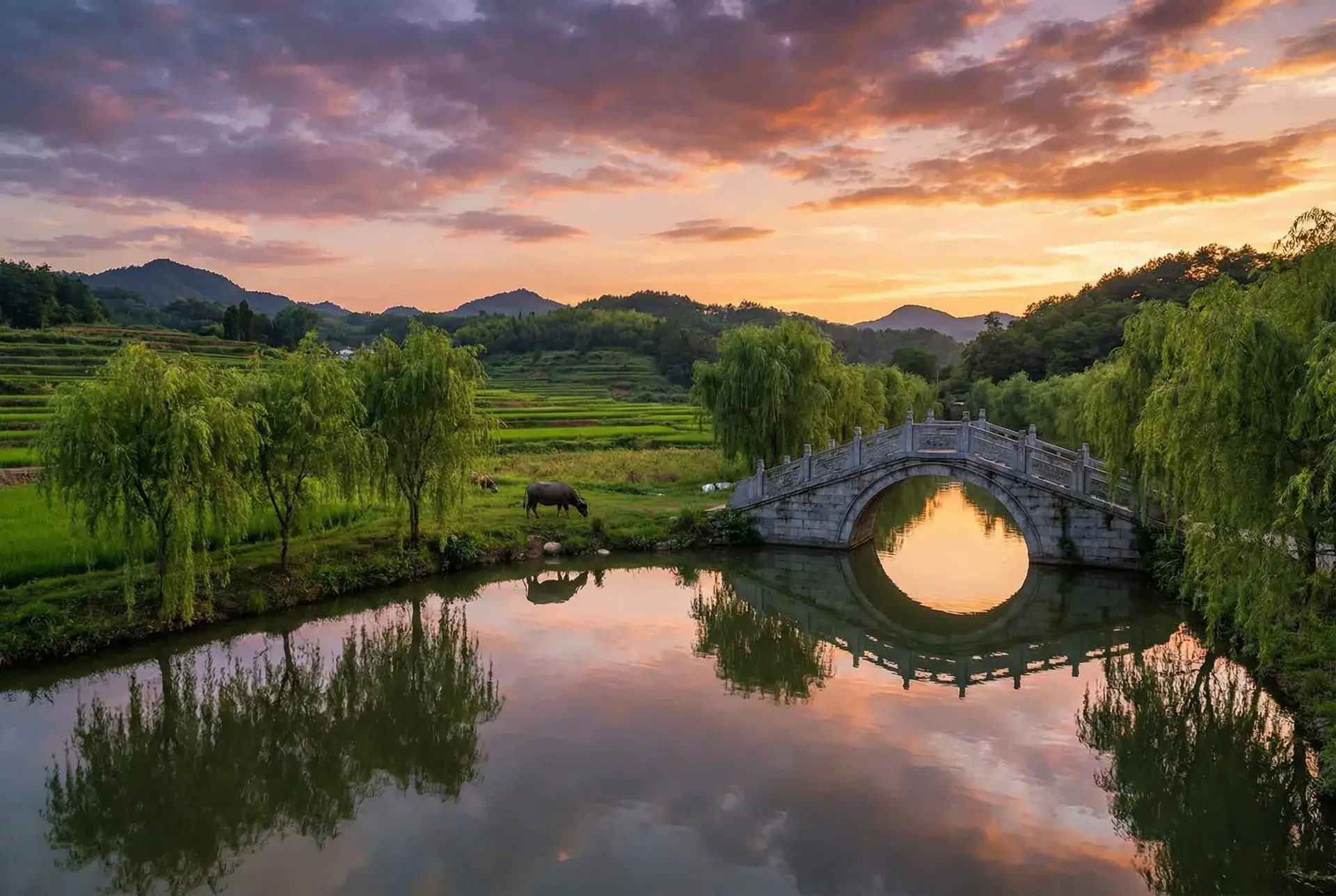 夕阳下的石拱桥与垂柳，水牛在河边吃草 - 权利的游戏第五季下载 乡村美景